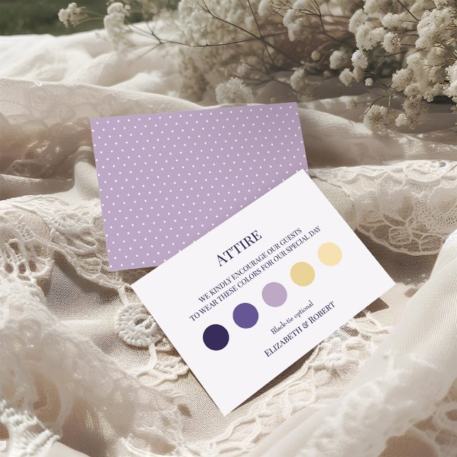 Boho Lavender Wedding Attire Guest Dress Code Card (Boho Lavender Wedding Attire Guest Dress Code Card on a sunny boho wedding table.)