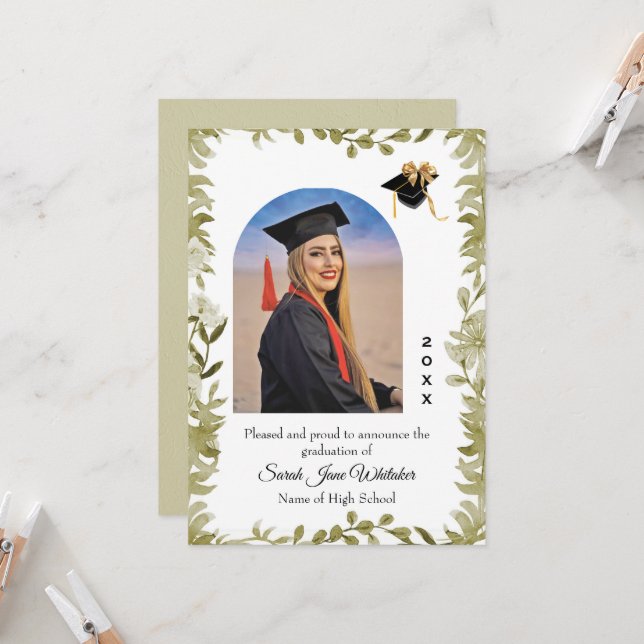 Boho Leaf Border Hi-School Graduation announcement (Front/Back In Situ)