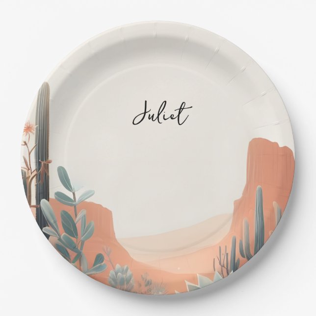 Boho Leaf Desert Cacti Succulent Bridal Shower Paper Plate (Front)