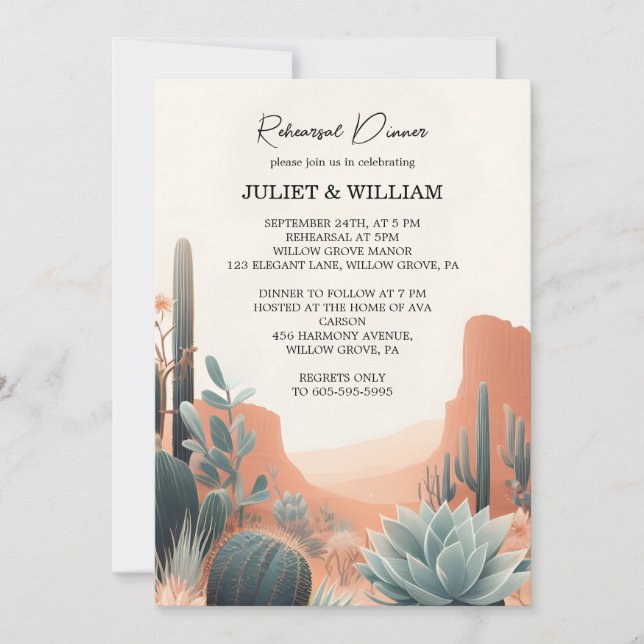 Boho Leaf Desert Cacti Succulent Rehearsal Dinner Invitation (Front)