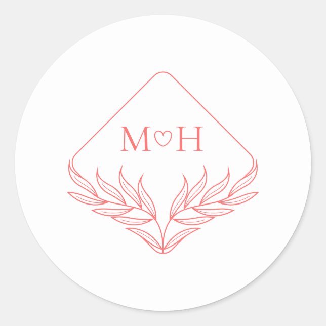 Boho Leaf Monogram Coral Pink Wedding Classic Round Sticker (Front)