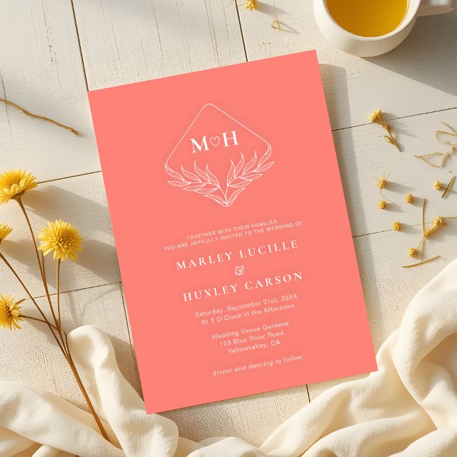 Boho Leaf Monogram Coral Pink Wedding Invitation (Creator Uploaded)