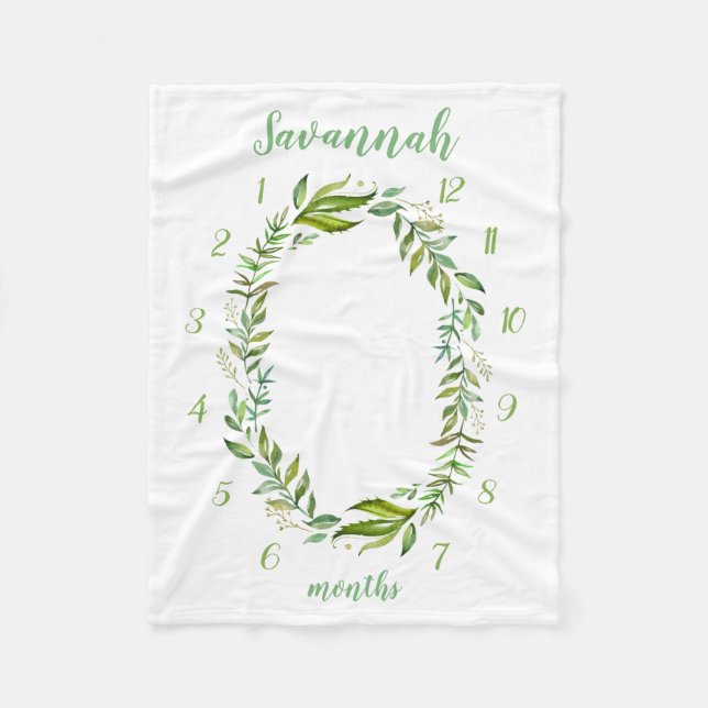 Boho Leaves Baby Name Monthly Milestone Photo Fleece Blanket (Front)