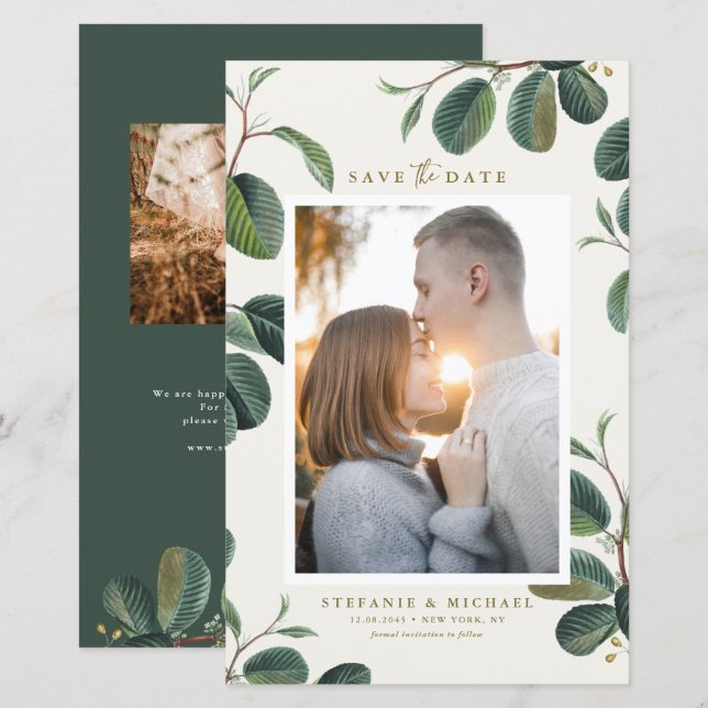 Boho Leaves Botanical Ivory Photo Save the Date (Front/Back)