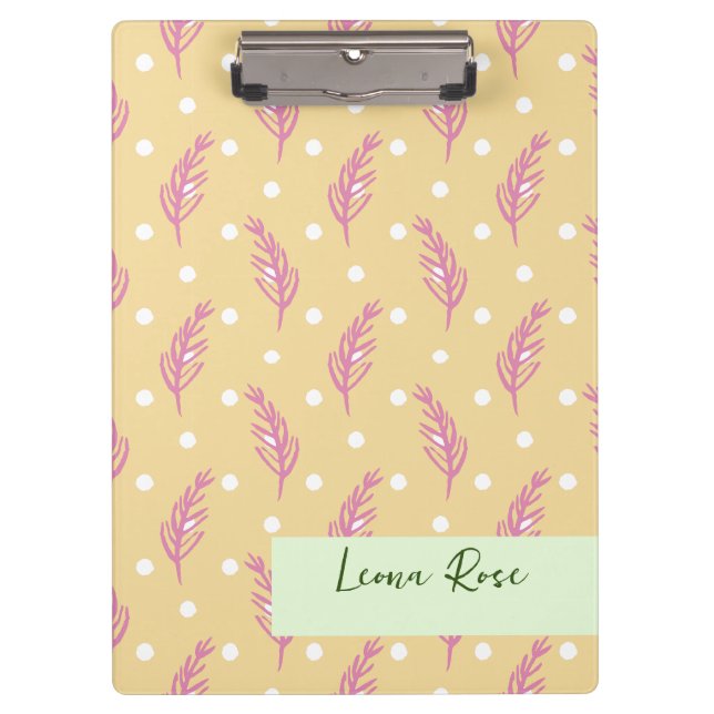 Boho Leaves & Dots White Pink Cream Custom Clipboard (Front)