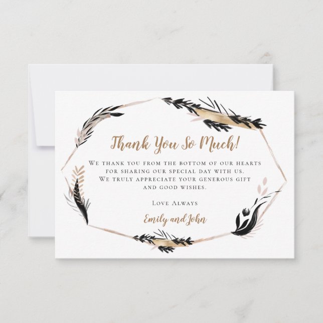 Boho Leaves & Feathers Gold Geometric/Your Photo Thank You Card (Front)
