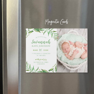 Boho Leaves Magnetic Photo Birth Announcement