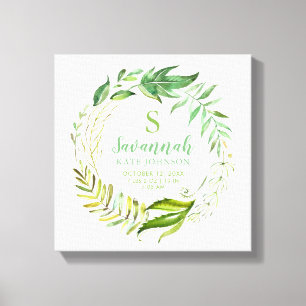 Boho Leaves Personalised Baby Birth Stats Canvas Print
