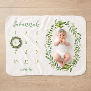 Boho Leaves Personalised Baby Milestone Photo Sherpa Blanket
