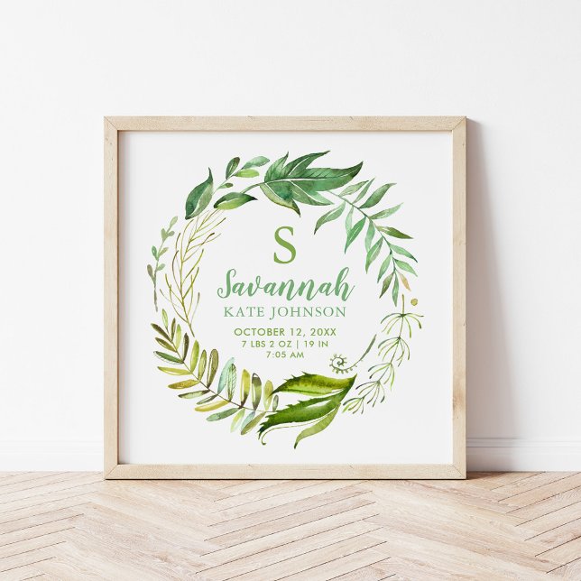 Boho Leaves Personalized Baby Birth Stats Poster (Creator Uploaded)
