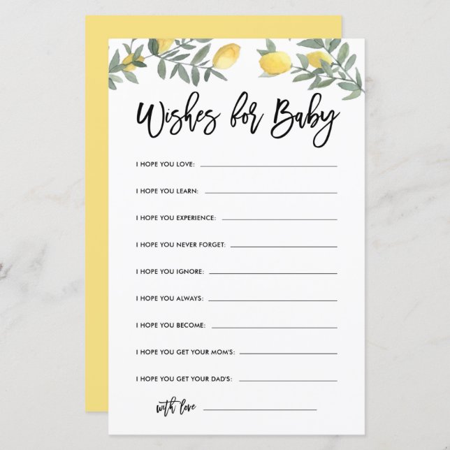 Boho Lemon Baby Shower Well Wishes for Baby Card (Front/Back)