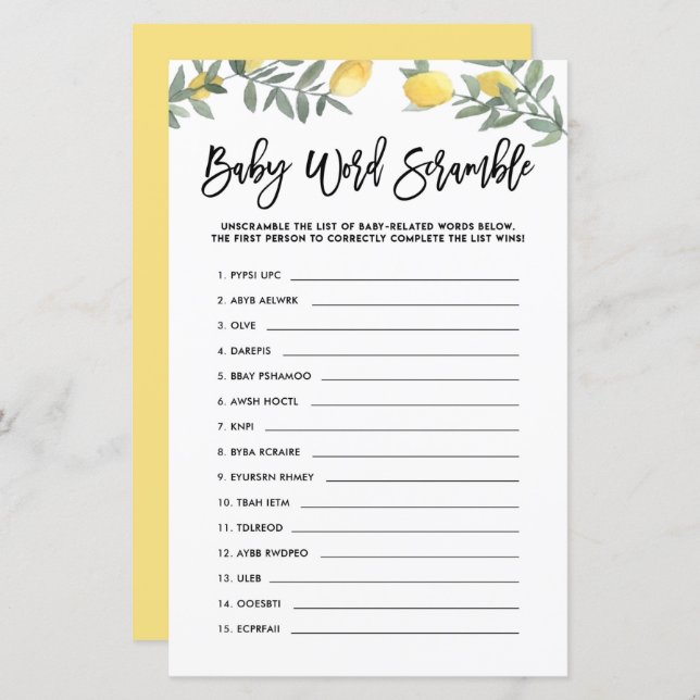Boho Lemon Baby Word Scramble Baby Shower Game (Front/Back)