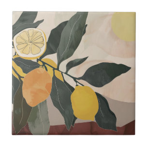 Boho Lemon Branch with Sun Abstract Fruit Artwork Ceramic Tile