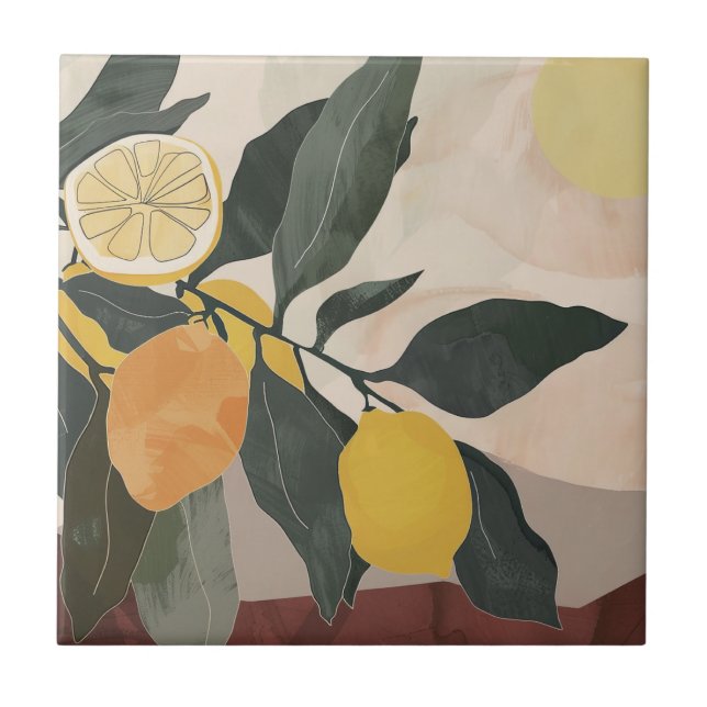 Boho Lemon Branch with Sun Abstract Fruit Artwork Ceramic Tile (Front)