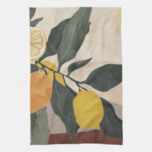 Boho Lemon Branch with Sun Abstract Fruit Artwork Tea Towel