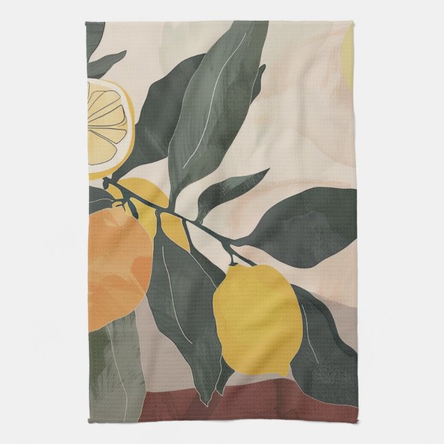 Boho Lemon Branch with Sun Abstract Fruit Artwork Tea Towel (Vertical)