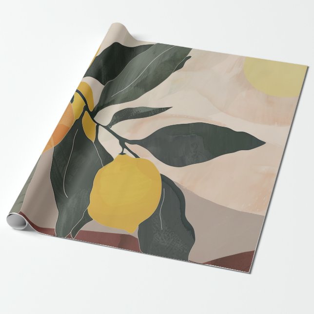 Boho Lemon Branch with Sun Abstract Fruit Artwork Wrapping Paper (Unrolled)