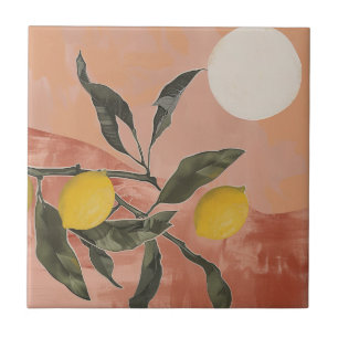 Boho Lemon Branch with Sun Minimalist Abstract (2) Ceramic Tile