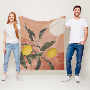 Boho Lemon Branch with Sun Minimalist Abstract (2) Fleece Blanket