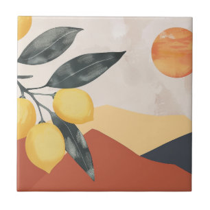 Boho Lemon Branch with Sun Minimalist Abstract Ceramic Tile