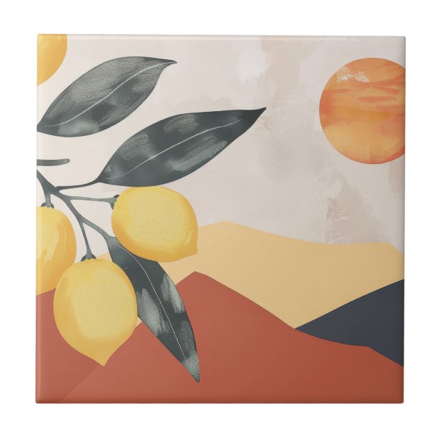 Boho Lemon Branch with Sun Minimalist Abstract Ceramic Tile (Front)