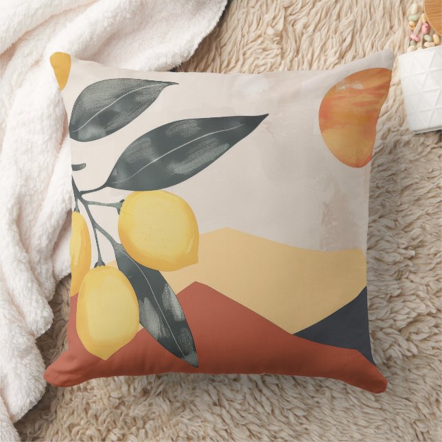 Boho Lemon Branch with Sun Minimalist Abstract Cushion (Blanket)