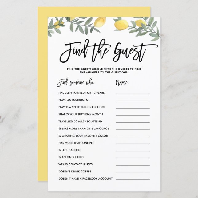 Boho Lemon Find the Guest Ice Breaker Shower Game (Front/Back)