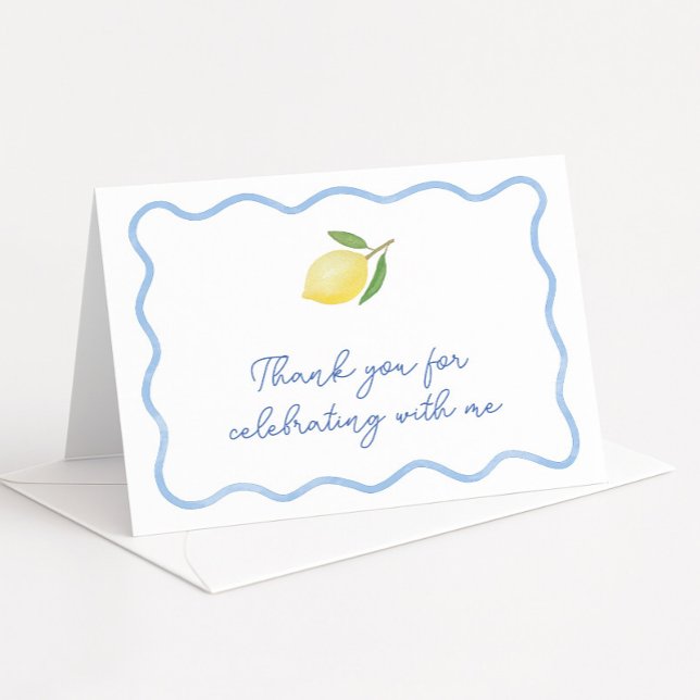 Boho Lemon Light Blue Wavy Border Bridal Shower Thank You Card (Modern lemon thank you card design with boho wavy border and tile print reverse)