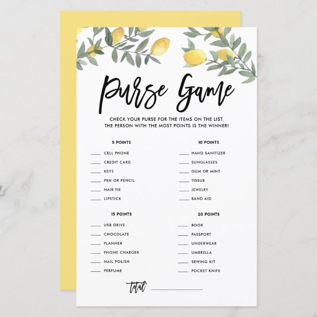 Boho Lemon What's In Your Purse Bridal Shower Game (Front/Back)