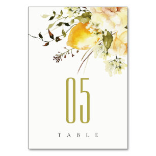 Boho Lemon Yellow Watercolor Floral Wedding Table Number