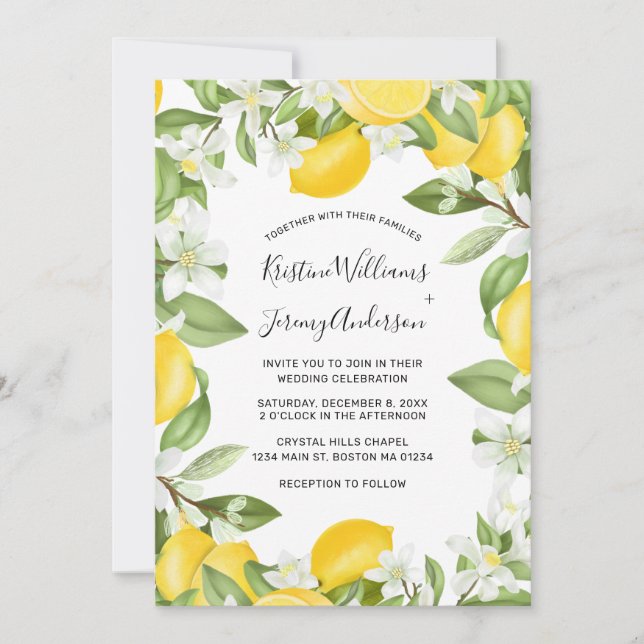 Boho Lemons Watercolor White Floral Wedding Invitation (Front)