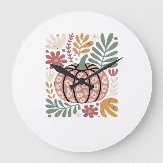 Boho Leopard Pumpkin Fall � Retro Autumn Floral Ha Large Clock (Front)