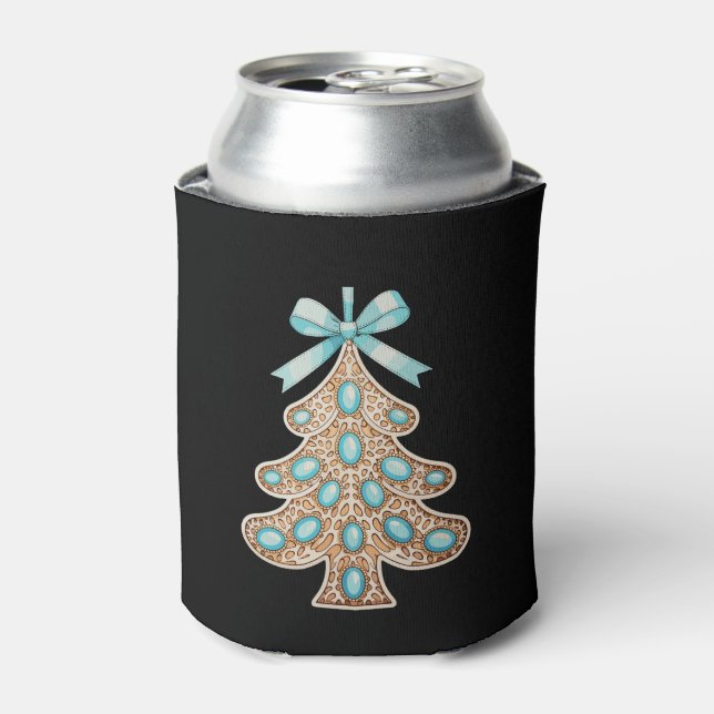 Boho Leopard Turquoise Christmas Tree Coquette Bow Can Cooler (Can Front)