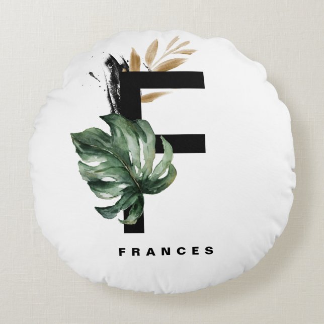 Boho Letter F Monogram | Mostera Tropical Leaves Round Cushion (Front)