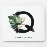 Boho Letter Q Monogram Tropical Monstera Leaf Mouse Pad<br><div class="desc">Customisable letter Q monogram mousepad featuring watercolor tropical monstera leaf,  faux gold foil leaf and black watercolor brush accents. Personalise this tropical monogram mousepad by your name or other details. This boho letter Q monogram mousepad will be perfect as a gift. Other letters are available.</div>