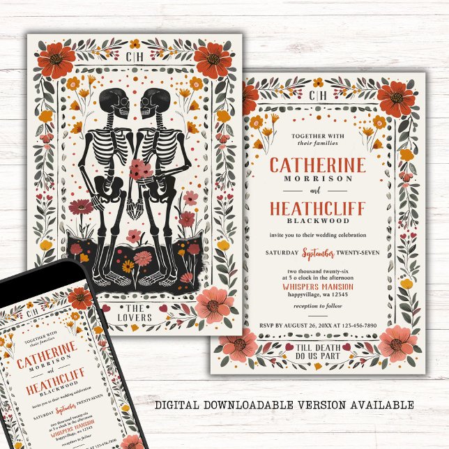 Boho Letterpress Style Skeleton Tarot Wedding Invitation (Creator Uploaded)