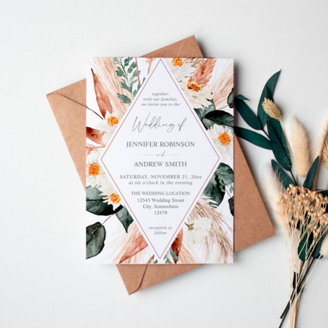 Boho LG Text Boho Copper Pampas Floral Wedding 3 Invitation (Creator Uploaded)