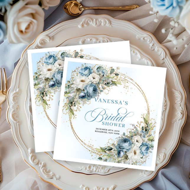 Boho Light Blue Floral Greenery Gold Napkins (Boho Light Blue Floral Greenery Gold Napkins)