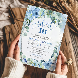 Boho light blue flowers eucalyptus silver sweet 16 invitation