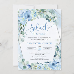 Boho light blue flowers eucalyptus sweet sixteen invitation