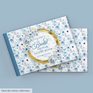 Boho Light Blue Gold Glitter Flowers Guest Book