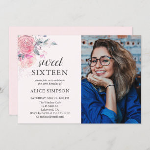 Boho Light Pink Flowers Sweet 16 Invitation