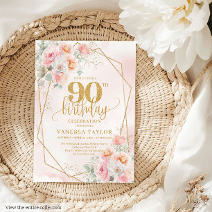Boho Light Pink Gold Floral 90th Birthday Invites
