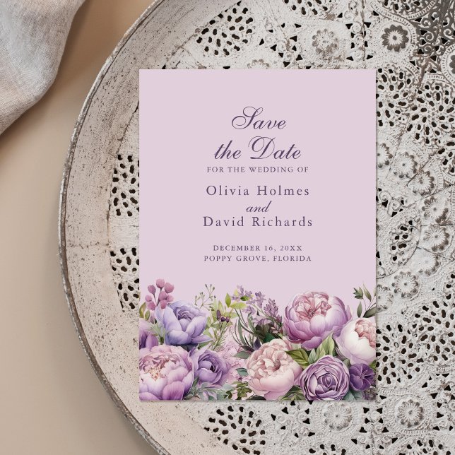 Boho Lilac and Purple Peonies Save the Date Card (Boho Lilac and Purple Peonies Save the Date Card on a beautiful neutral boho plate.)