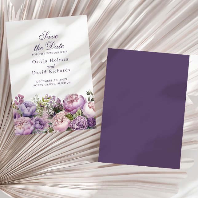 Boho Lilac and Purple Peonies Save the Date Card (Boho Lilac and Purple Peonies Save the Date Card on a neutral dry palm leaf.)