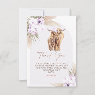 Boho Lilac Floral Arch Highland Cow Baby Shower Thank You Card