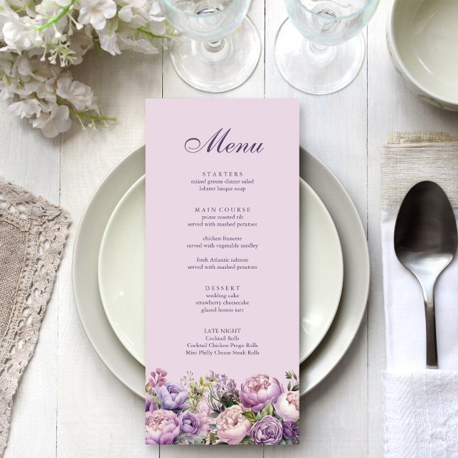 Boho Lilac Floral Wedding Menu (Boho Lilac Floral Wedding Menu on white and silver wedding table.)