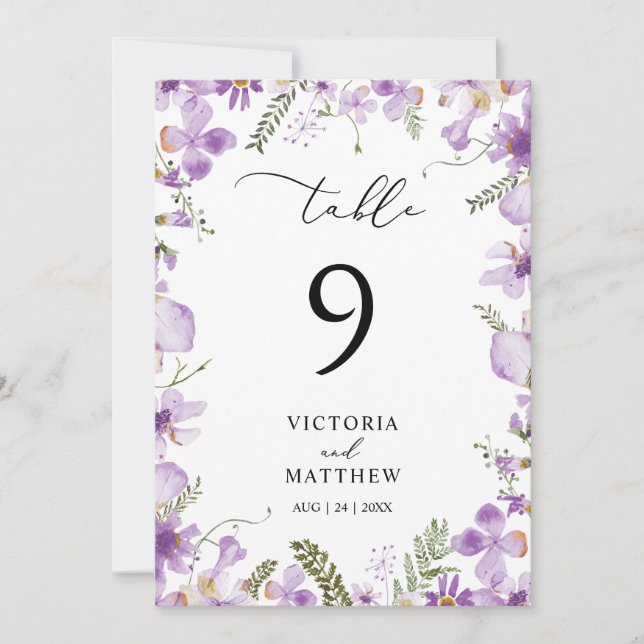 Boho Lilac Floral Wedding Table Number (Front)