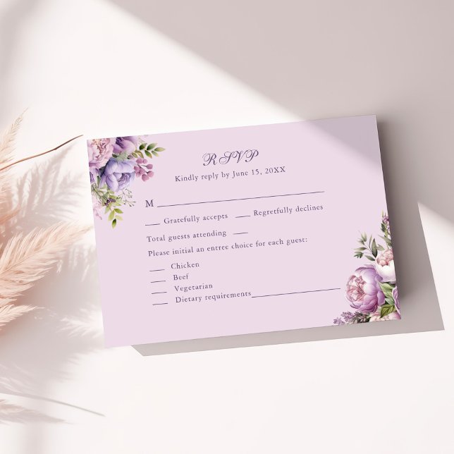 Boho Lilac Peonies & Wildflowers Wedding RSVP Card (Boho Lilac Peonies & Wildflowers Wedding RSVP Card on a sunny white table.)
