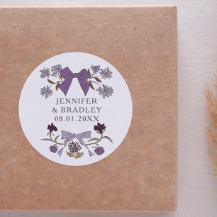 Boho Lilac Ribbons Floral Wedding Favour  Classic Round Sticker